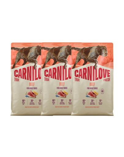 CARNILOVE True Fresh Dog Beef Adult 3x4 kg sucha karma ze świeżą wołowiną dla dorosłych psów