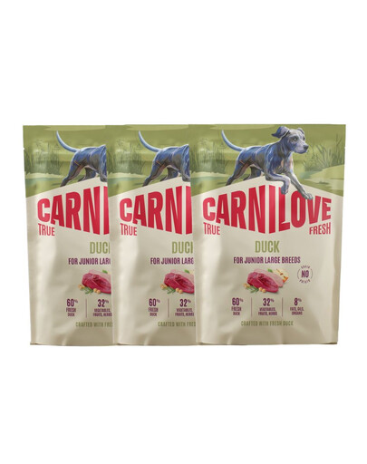 CARNILOVE True Fresh Dog Duck Junior Large 3x1,5 kg sucha karma ze świeżą kaczką dla juniorów dużych ras