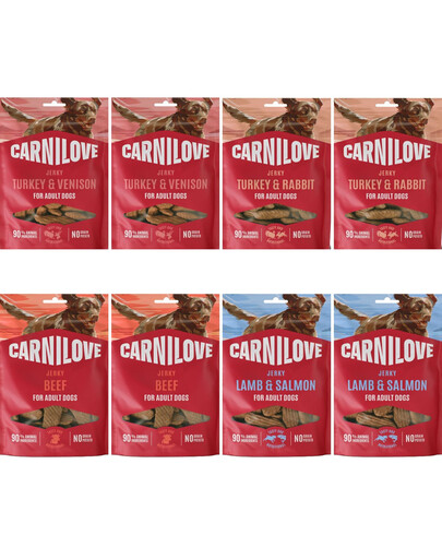 CARNILOVE Dog Jerky Mix Smaków 8x100g mięsne przysmaki dla dorosłych psów