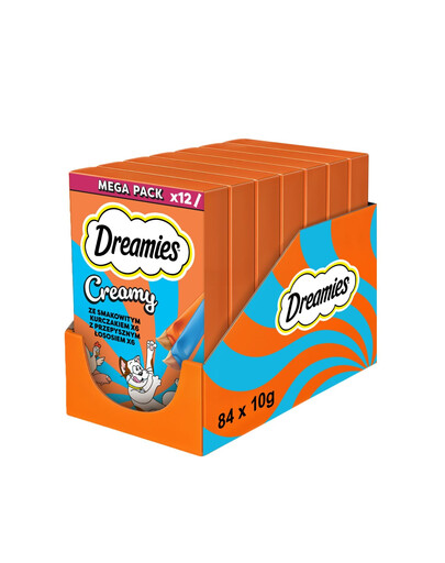 DREAMIES Creamy MEGA PACK karma uzupełniająca z kurczakiem i z łososiem 7 x 12x10 g