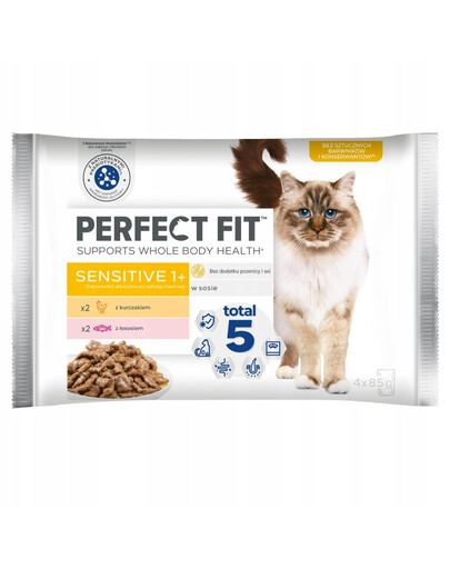 PERFECT FIT Sensitive 1+ 4x85 g z kurczakiem i łososiem w sosie dla wrażliwych kotów