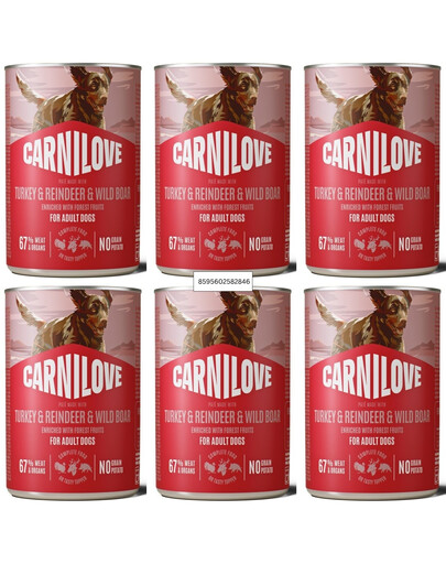 CARNILOVE Dog Can Turkey and Reindeer and Wildboar 6x400g visavertis mėsos paštetas su kalakutiena, šiaurinių elnių mėsa ir šerniena suaugusiems šunims