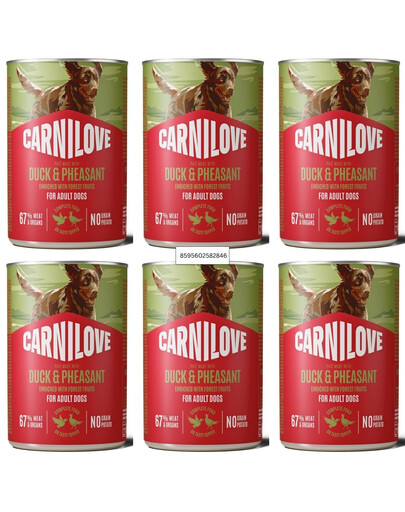 CARNILOVE Dog Can Duck and Pheasant 6x400g visavertis mėsos paštetas su antiena ir fazaniena suaugusiems šunims
