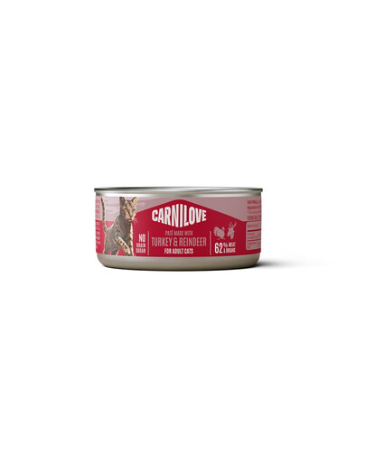 CARNILOVE Cat Can Paté Turkey and Reindeer 6 × 100 g – paštetas katėms su kalakutiena ir šiaurinių elnių mėsa.