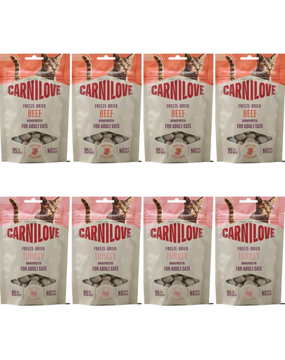 CARNILOVE Freeze-Dried Snack Cat Mix Turkey and Beef 8x40 g liofilizowane przysmaki dla kotów, mix smaków indyk oraz wołowina