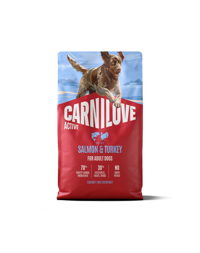 CARNILOVE Active Dog Salmon and Turkey Adult 4 kg lašiša ir kalakutiena šunims + CARNILOVE Dog Crunchy Snack Salmon 200 g NEMOKAMAI