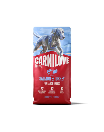 CARNILOVE Active Dog Salmon & Turkey Adult Large Breeds 12 kg – sausas maistas su lašiša ir kalakutiena suaugusiems didelių veislių šunims + CARNILOVE Dog Freeze Dried Turkey 2 x 60 g NEMOKAMAI