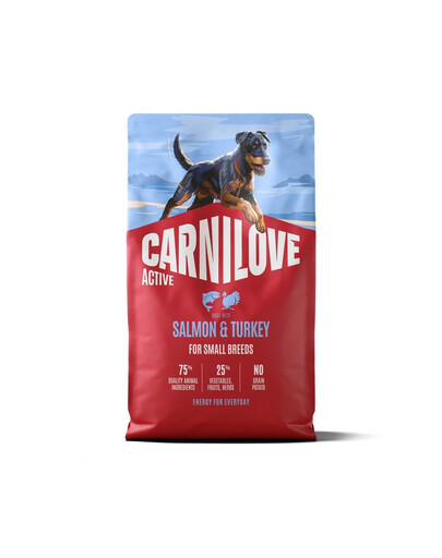 CARNILOVE Active Dog Salmon & Turkey Adult Small Breeds 4 kg Lašiša ir kalakutiena mažų veislių šunims + CARNILOVE Dog Soft Snack Salmon Small Bite 200 g NEMOKAMAI