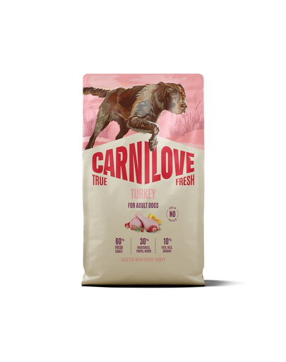 CARNILOVE True Fresh Dog Turkey Adult 4 kg su šviežia kalakutiena šunims + CARNILOVE Dog Jerky Turkey and Rabbit 100 g NEMOKAMAI