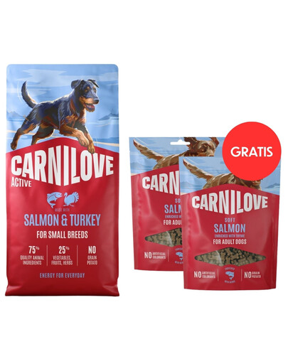 CARNILOVE Active Dog Salmon & Turkey Adult Small Breeds 12 kg – lašiša ir kalakutiena suaugusiems mažų veislių šunims + CARNILOVE Dog Soft Snack Salmon Small Bite 2 x 200 g DOVANŲ