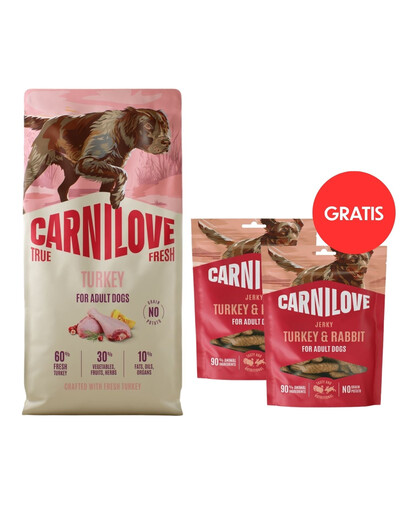 CARNILOVE True Fresh Dog Turkey Adult 12 kg – su šviežia kalakutiena suaugusiems šunims + CARNILOVE Dog Jerky Turkey and Rabbit 2 x 100 g DOVANŲ