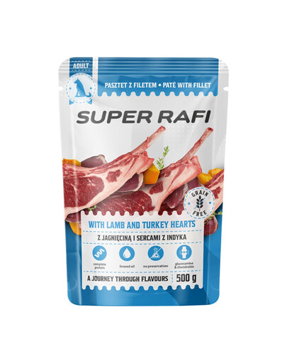 SUPER RAFI z jagnięciną i sercami z indyka 500 g mokra karma dla psów
