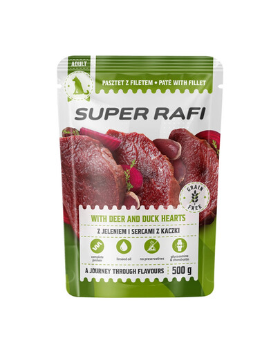 SUPER RAFI z jeleniem i sercami z kaczki 500 g mokra karma dla psów