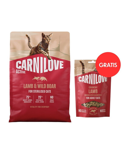 CARNILOVE Active Cat Lamb and Wild Boar Sterilised 2 kg sterilizuotoms katėms + CARNILOVE Crunchy Snack Cat Lamb 50 g NEMOKAMAI