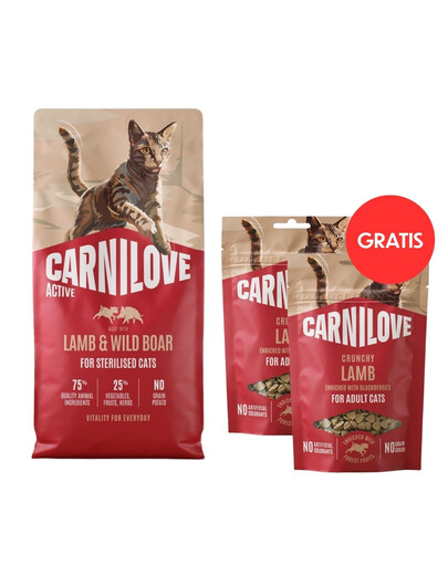 CARNILOVE Active Cat Lamb & Wild Boar Sterilised 6 kg – su ėriena ir šerniena sterilizuotoms katėms + CARNILOVE Crunchy Snack Cat Lamb 2 x 50 g DOVANŲ