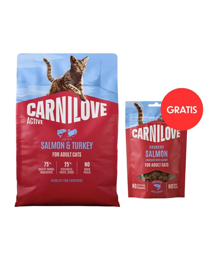 CARNILOVE Active Cat Salmon and Turkey Adult 2 kg lašiša ir kalakutiena visoms katėms + CARNILOVE Crunchy Snack Cat Salmon 50 g NEMOKAMAI