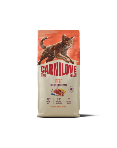 CARNILOVE True Fresh Cat Beef Sterilised 6 kg katėms po sterilizacijos + CARNILOVE liofilizuotas užkandis katėms „Beef“ 2x40 g NEMOKAMAI