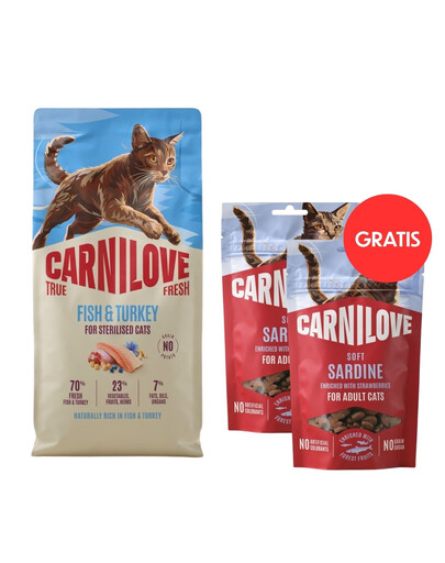 CARNILOVE True Fresh Cat Fish and Turkey Sterilised 6 kg dla kotów po sterylizacji + CARNILOVE Soft Snack Cat Sardine 2x50 g GRATIS