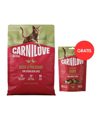 CARNILOVE Active Cat Duck and Pheasant Sterilised 2 kg sterilizuotoms katėms + CARNILOVE Crunchy Snack Cat Duck 50 g NEMOKAMAI