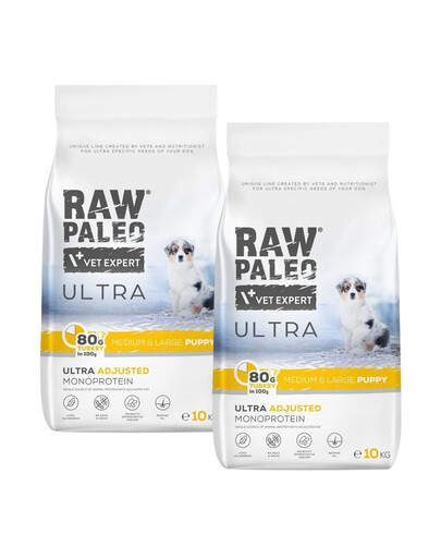 RAW PALEO Ultra Turkey Medium&Large Puppy 2 x 10 kg – sausas pašaras su kalakutiena vidutinių ir didelių veislių šuniukams