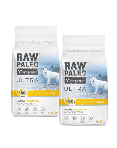 RAW PALEO Ultra Turkey Medium&Large Adult 2 x 10 kg – sausas pašaras su kalakutiena suaugusiems vidutinių ir didelių veislių šunims.