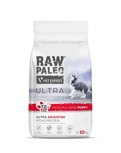 RAW PALEO Ultra Beef Medium&Large Puppy 2 x 10 kg – sausas pašaras su jautiena vidutinių ir didelių veislių šuniukams.