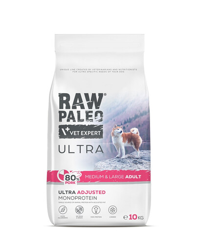 RAW PALEO Ultra Pork Medium&Large Adult 2 x 10 kg – sausas pašaras su kiauliena suaugusiems vidutinių ir didelių veislių šunims.