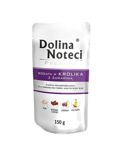 DOLINA NOTECI Premium 10 x 150 g – šlapias pašaras su triušiena ir spanguolėmis šunims