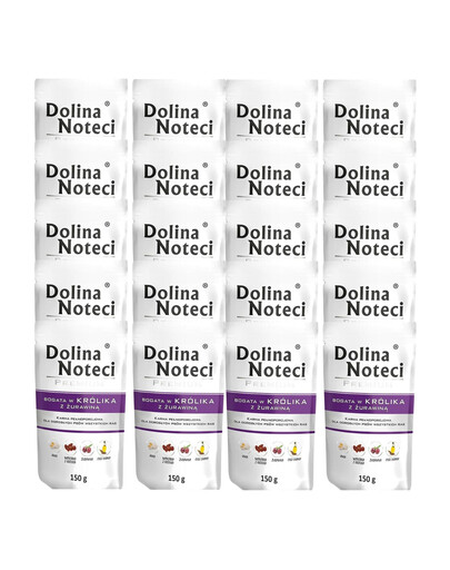 DOLINA NOTECI Premium 20 x 150 g – šlapias pašaras su triušiena ir spanguolėmis šunims