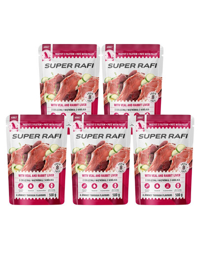 SUPER RAFI su veršiena ir triušienos kepenėlėmis, skirtas šunims, 5 x 500 g šlapias šunų maistas