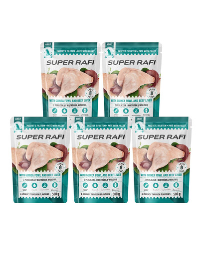 SUPER RAFI su vištienos širdelėmis ir jautienos kepenėlėmis, 5 x 500 g šlapias šunų maistas