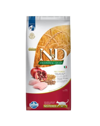 FARMINA N&D Ancestral Adult Cat Neutered 2x10 kg vištiena, spelta, avižos ir granato vaisius