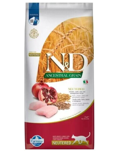 N&D Ancestral Adult Cat Neutered 10 kg kurczak, orkisz, owies i owoc granatu