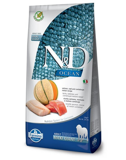 FARMINA N&D Ocean Dog Adult Giant Maxi salmon, cod, & cantaloupe melon 2x12 kg lašiša, menkė, kantalupa