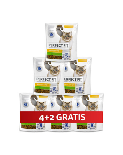 PERFECT FIT Sensitive 1+ 6 x 750 g sucha karma pełnoporcjowa dla dorosłych kotów bogata w indyka 4+2 GRATIS