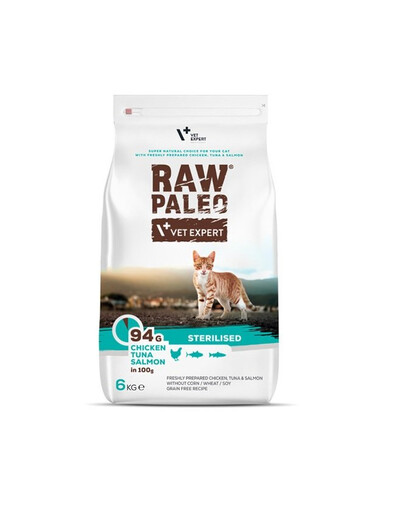 VET EXPERT Raw Paleo Sterilised Chicken&Tuna&Salmon kastruotiems katėms, 2 x 6 kg