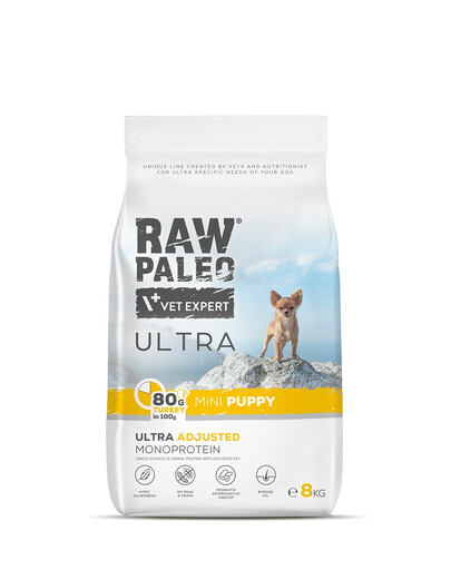 RAW PALEO Ultra Turkey Mini Puppy 2 x 8 kg – sausas pašaras su kalakutiena mažų veislių šuniukams