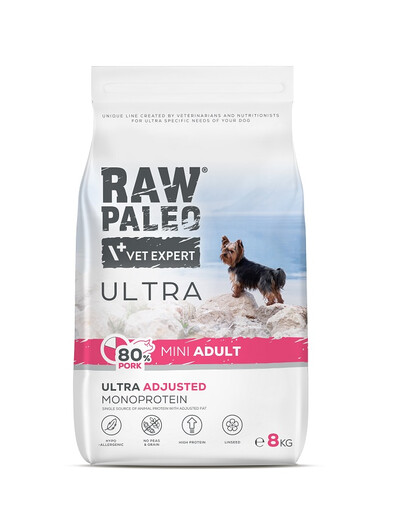 RAW PALEO Ultra Pork Mini Adult 2 x 8 kg – sausas pašaras su kiauliena suaugusiems mažų veislių šunims