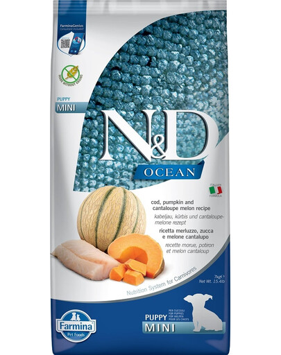 FARMINA N&D Ocean Dog Puppy Mini cod, pumpkin & cantaloupe melon 2x7 kg menkė, moliūgas ir melionas šuniukams bei nėščioms kalėms