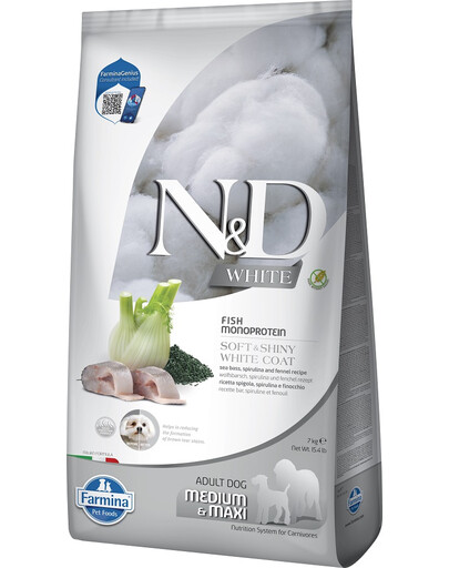 FARMINA N&D White Dog Adult Medium Maxi Sea Bass, Spirulina, Fennel 2x7 kg
