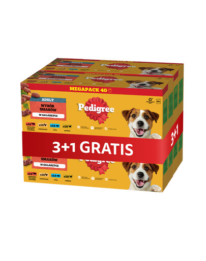 PEDIGREE Adult Wybór Smaków saszetki 4 x 40x100 g mokra karma pełnoporcjowa dla dorosłych psów, z mieszanką wołowiny i wątróbki, z kurczakiem, z rybą, z drobiem, w galaretce 3+1 GRATIS