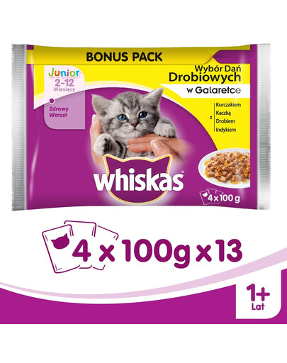 Whiskas Junior konservai su vištiena drebučiuose 4 x 100 g x13