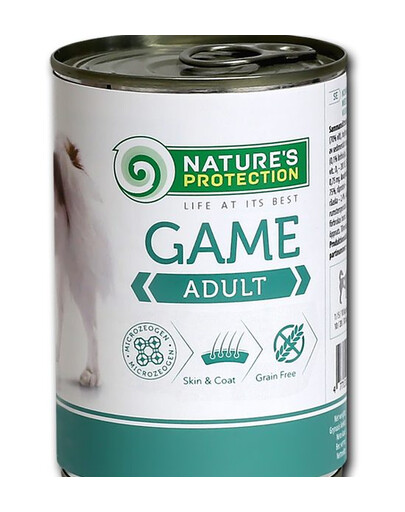 NATURE'S PROTECTION DOG ADULT GAME SU ŽVĖRIENA KONSERVUOTAS PAŠARAS ŠUNIMS 400 g. maistas šunims
