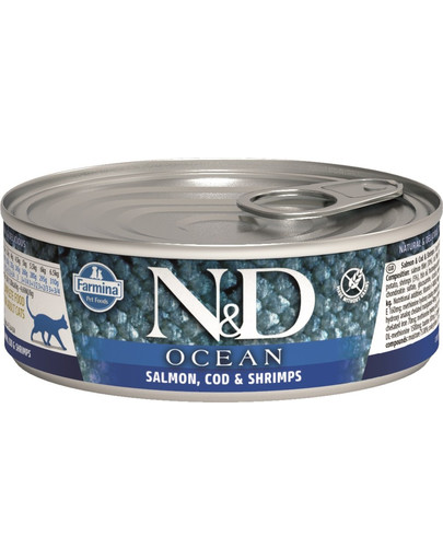 FARMINA N&D Cat Ocean Small tuna, Codfish, Shrimps konservai 80 g
