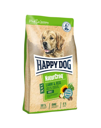 HAPPY DOG NaturCroq Adult sausas maistas su ėriena ir ryžiais 15 kg + 3 kg DOVANŲ