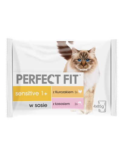 PERFECT FIT Sensitive 1+ Konservai šlapias kačių maistas vištiena ir lašiša 4*85 g