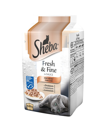 SHEBA pakeliai 6x50g Fresh & Fine - šlapias kačių maistas padaže (su paukštiena, kalakutiena, lašiša)