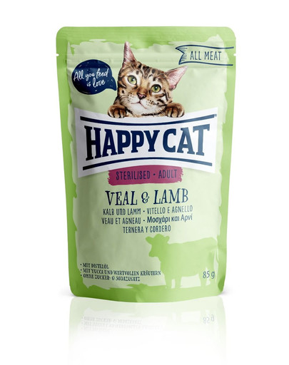 HAPPY CAT All Meat Adult Sterilised Kalb & Lamm 85 g ėriena ir veršiena
