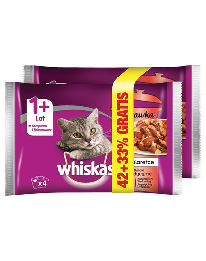WHISKAS Adult Potrawka 4x85g Tradiciniai skoniai - šlapias maistas katėms želėje (su vištiena, jautiena, ėriena, paukštiena) 1 + 1 už 50%