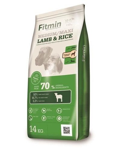 FITMIN Medium Maxi lamb&rice su aviena ir ryžiais vidutiniams ir dideliems šunims 14 kg